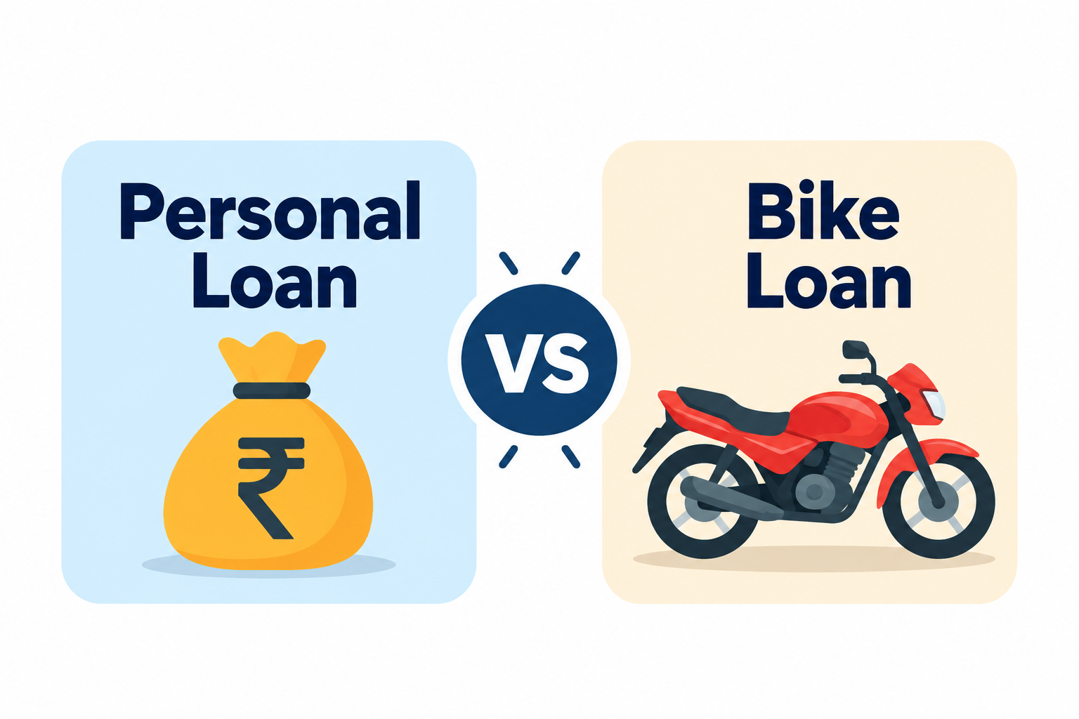 Personal Loan vs Bike Loan comparison showing a money bag and motorcycle with a VS symbol.